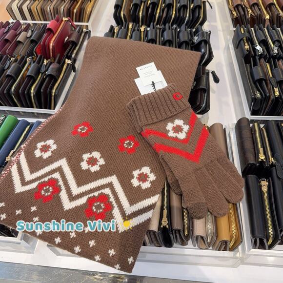 NWT Bundle Coach Fair Isle Print Knit Muffler CCW05 & Gloves CCW71 Sable Multi - Picture 1 of 14